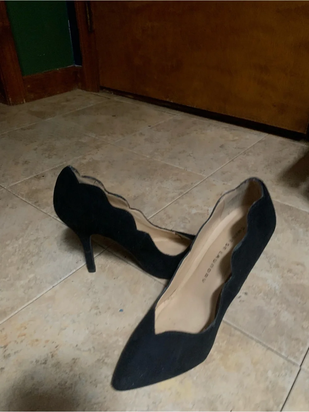 Black Scalloped Suede Pointed-Toe Pumps - Women's